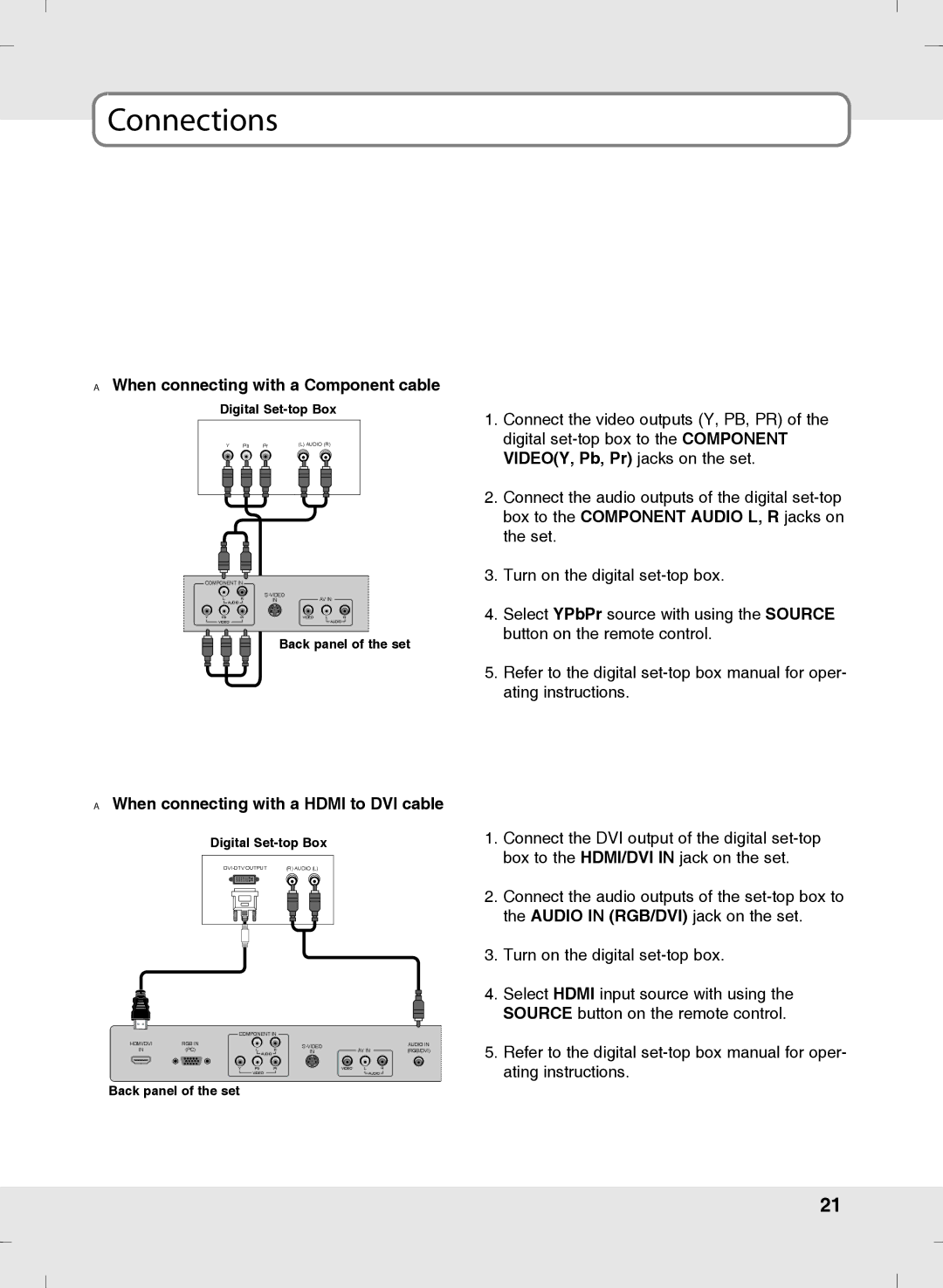 SOYO MT-SYJCP32B1AB owner manual When connecting with a Component cable, When connecting with a HDMI to DVI cable 